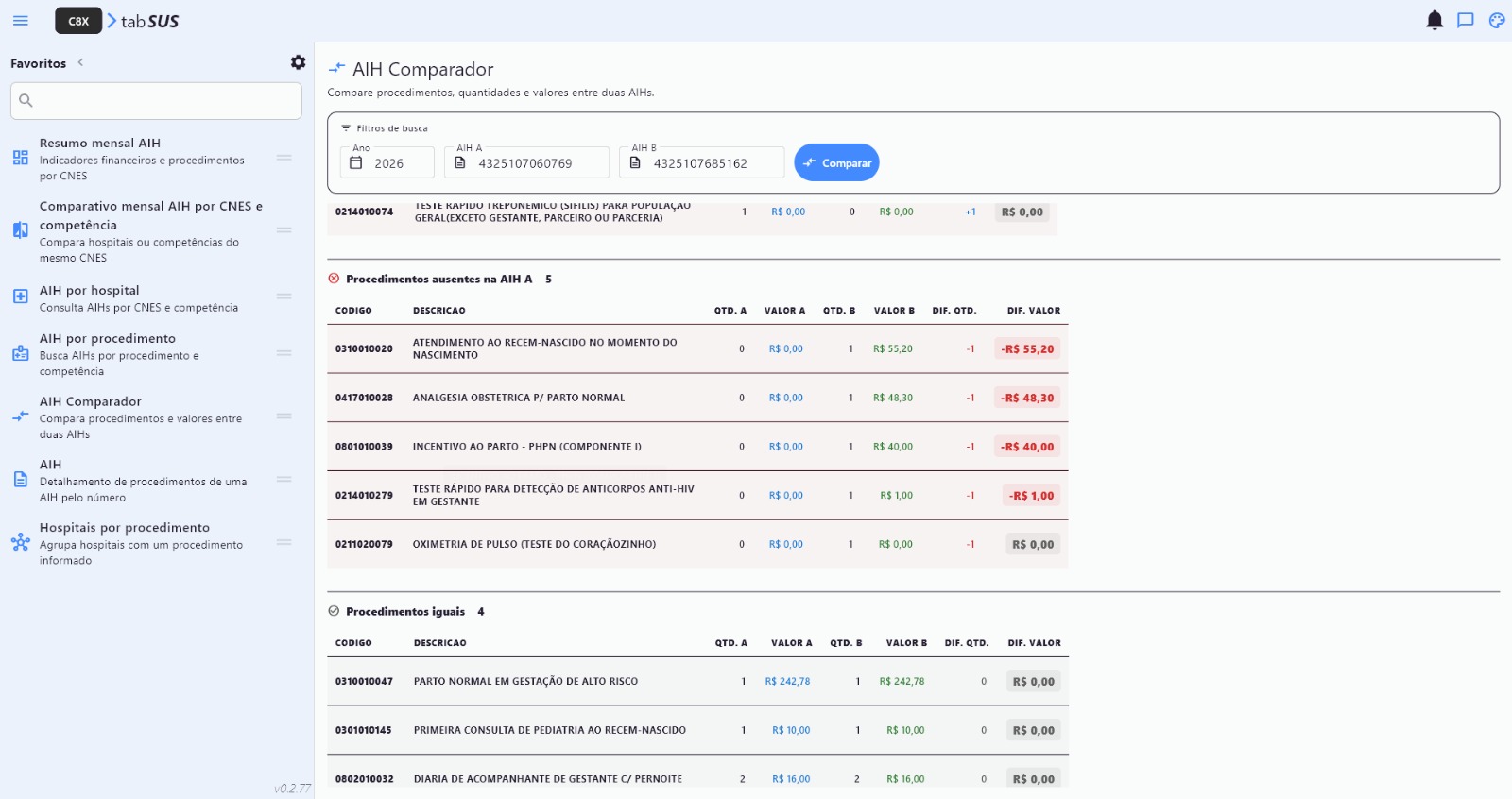 AIH Comparador — procedimentos ausentes na AIH A e procedimentos iguais