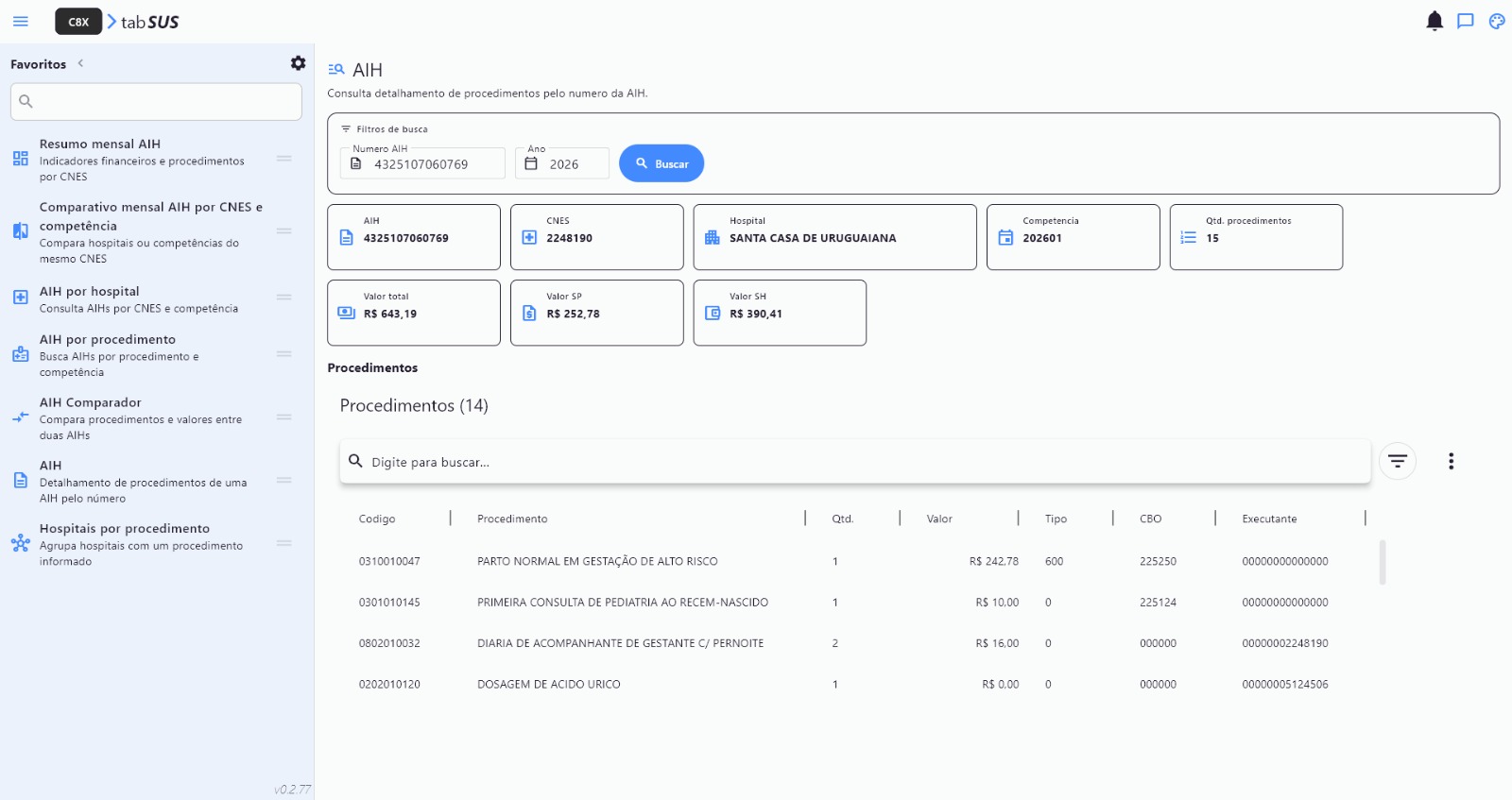 Detalhamento de AIH — identificação, valores e lista de procedimentos
